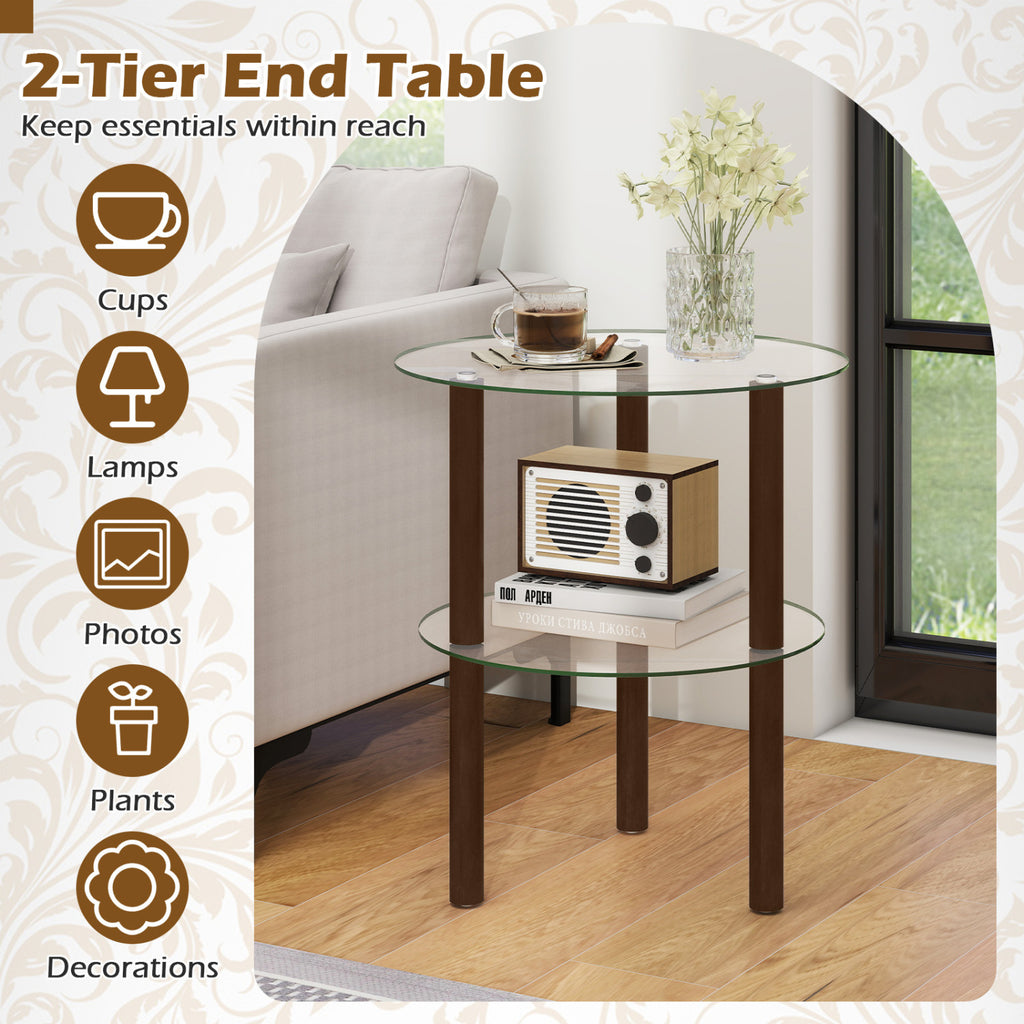 Round End Table with Tempered Glass Top & Shelf - Brown