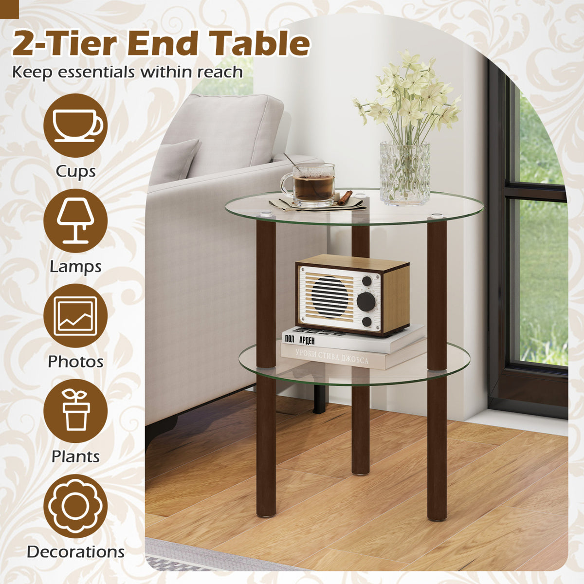 Round End Table with Tempered Glass Top & Shelf - Brown