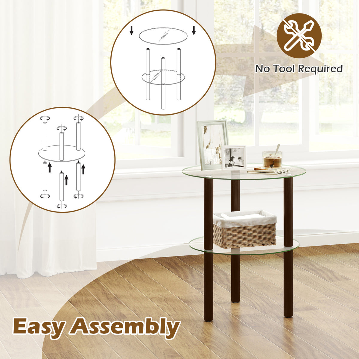 Round End Table with Tempered Glass Top & Shelf - Brown