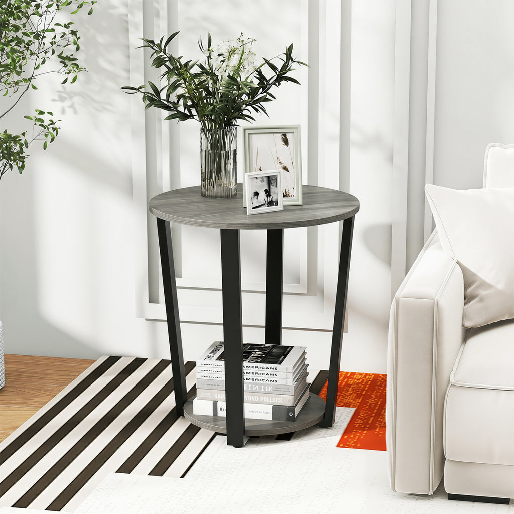 2-Tier Round End Table with Storage Shelf, Oak