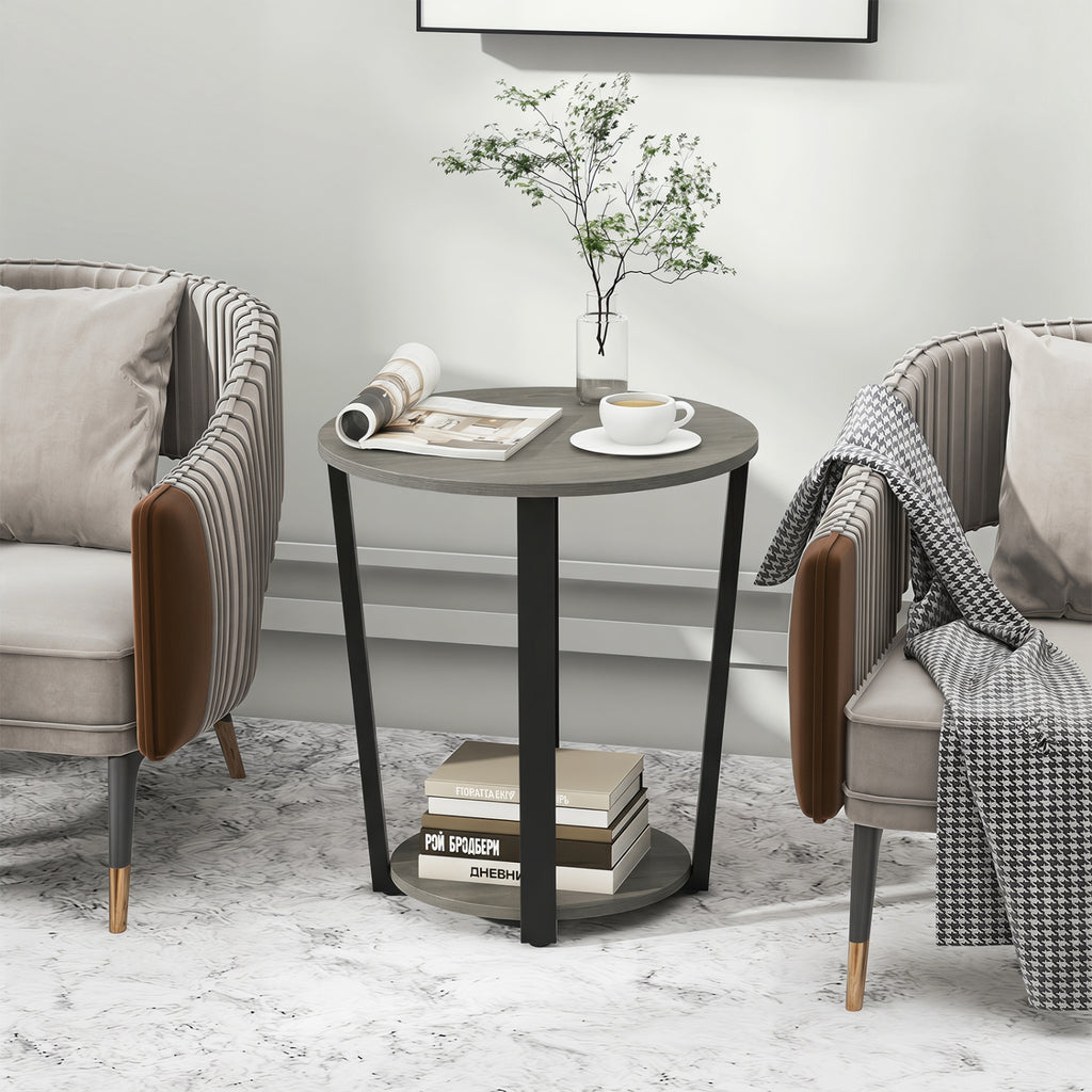 2-Tier Round End Table with Storage Shelf, Oak