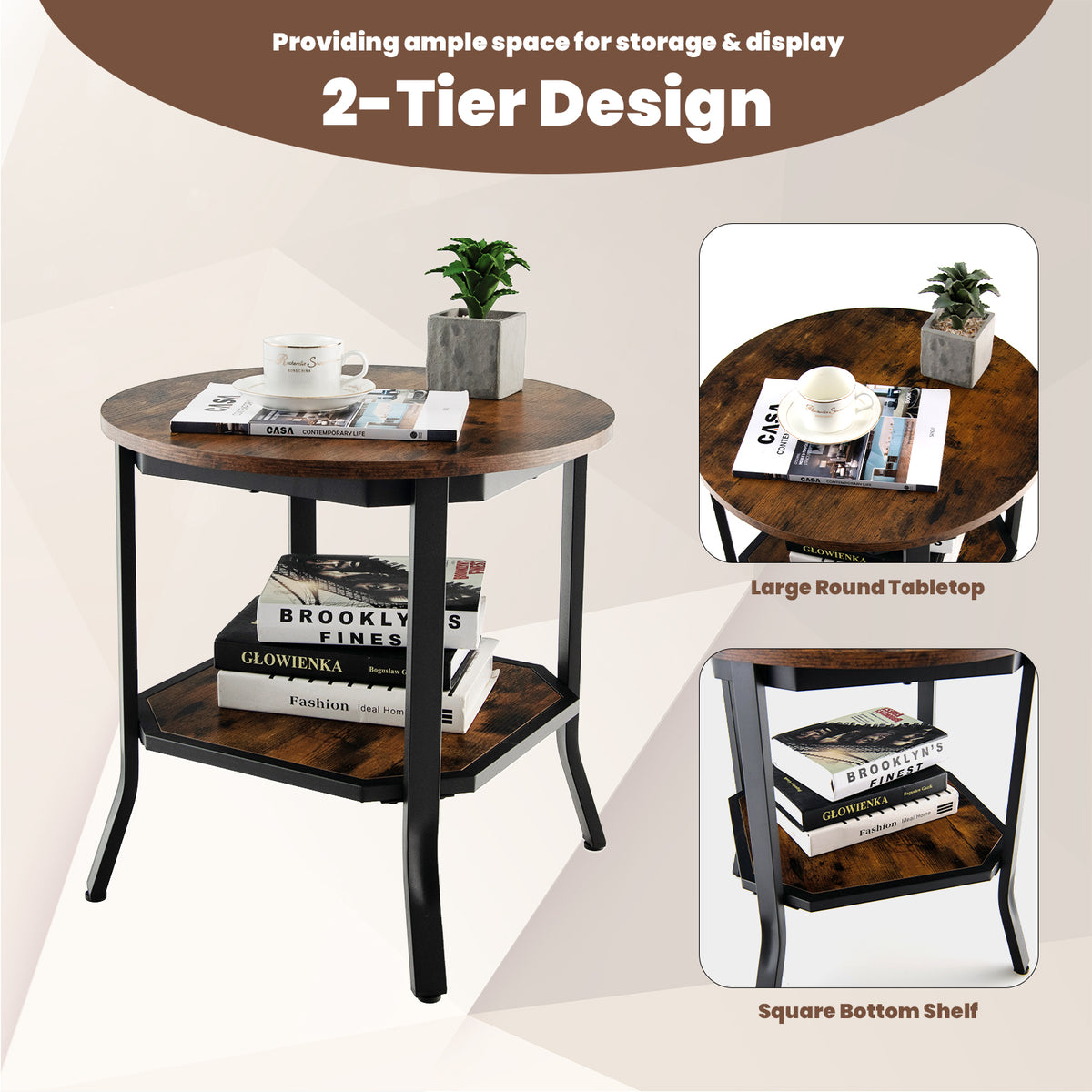2-Tier Round End Table with Storage Shelf - Brown