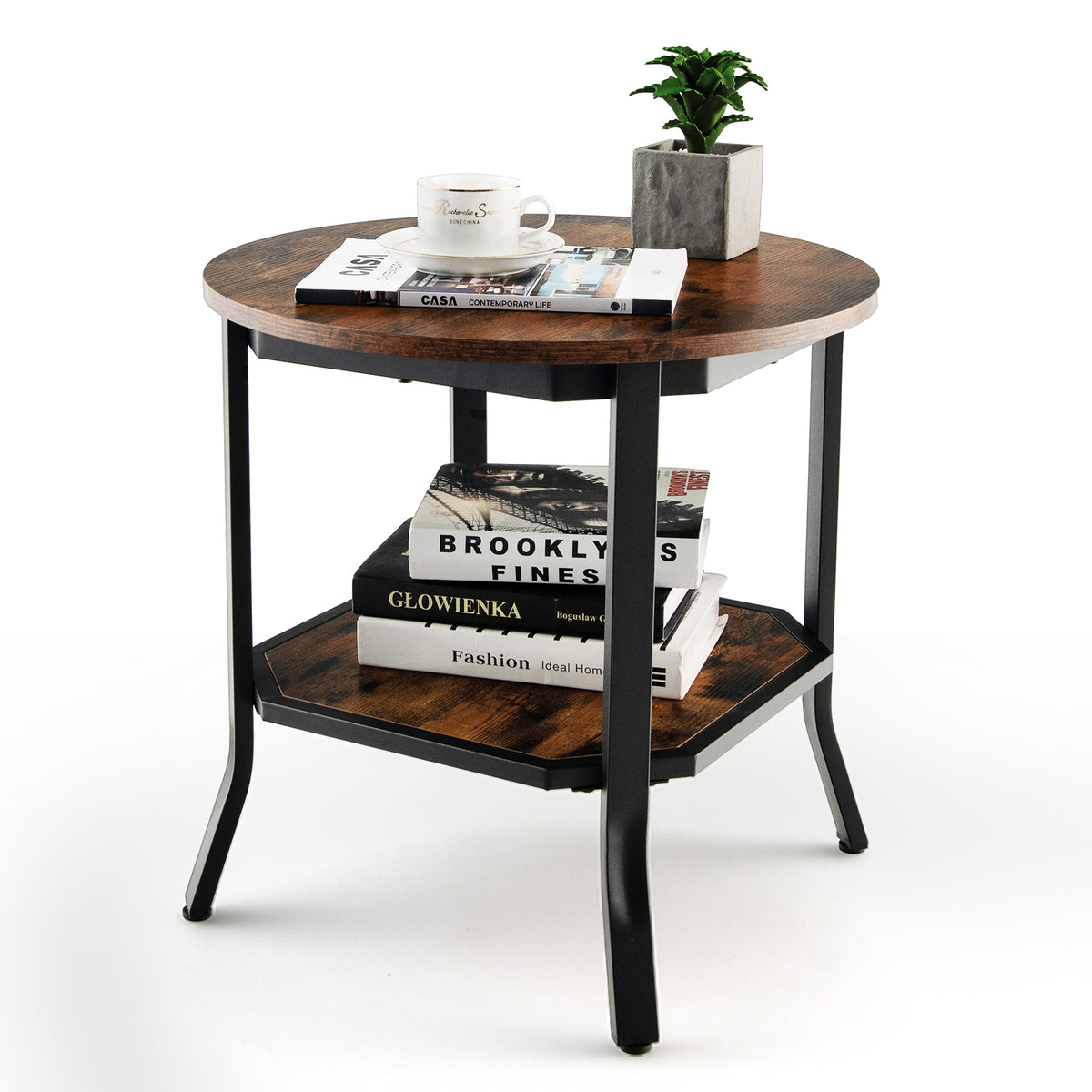 2-Tier Round End Table with Storage Shelf - Brown