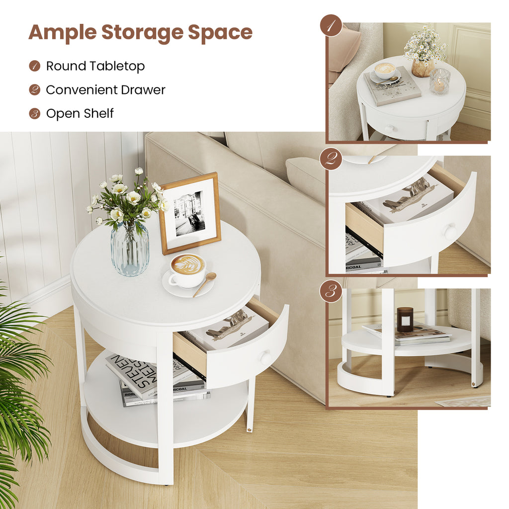 2-Tier Round End Table Mid Century Modern Nightstand, White