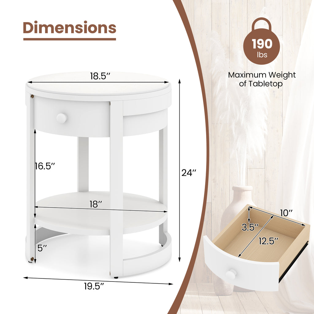 2-Tier Round End Table Mid Century Modern Nightstand, White