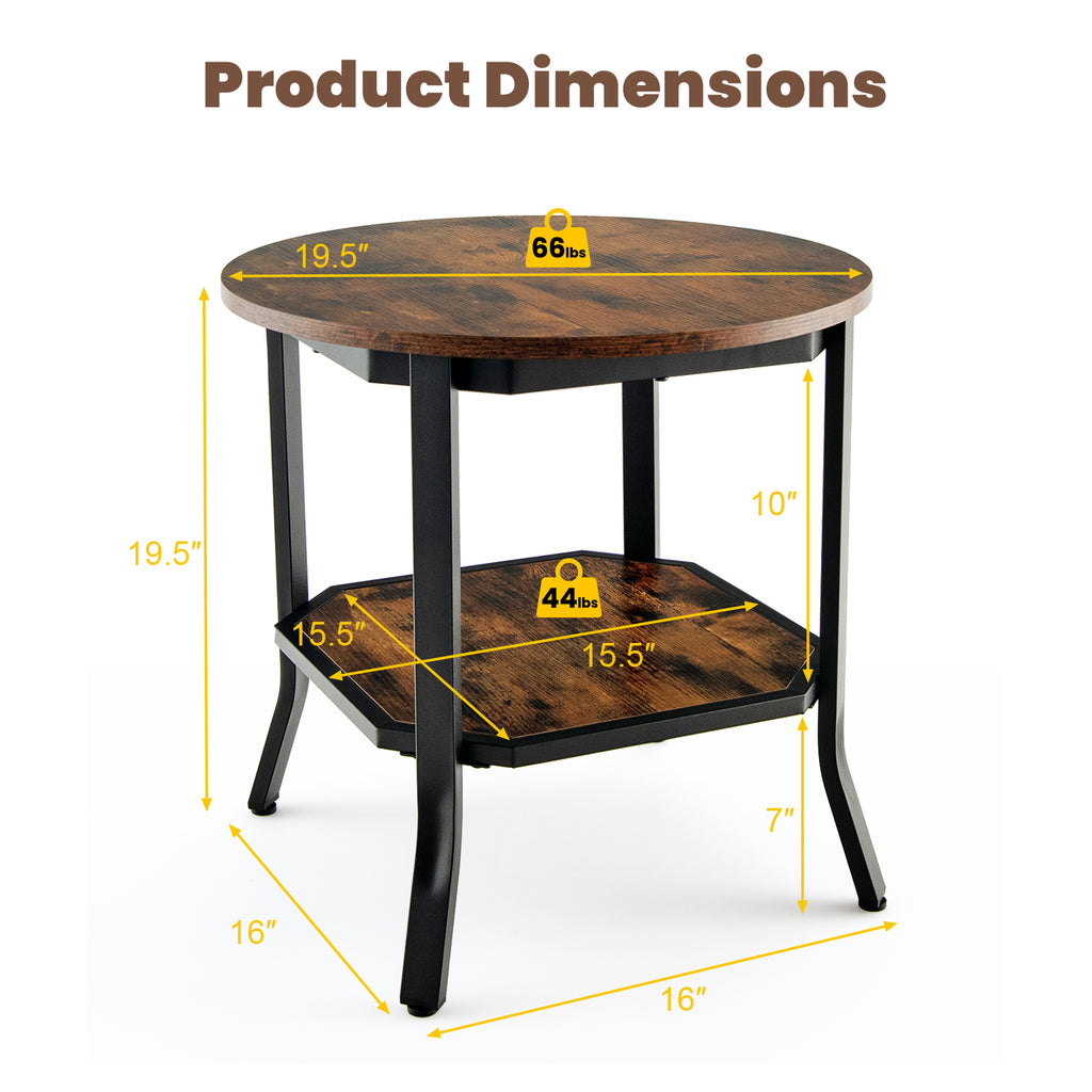 2-Tier Round End Table with Storage Shelf - Brown