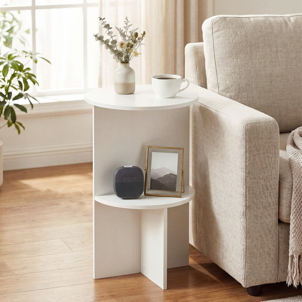 2-Tier Round Side Table with Storage Shelf - White