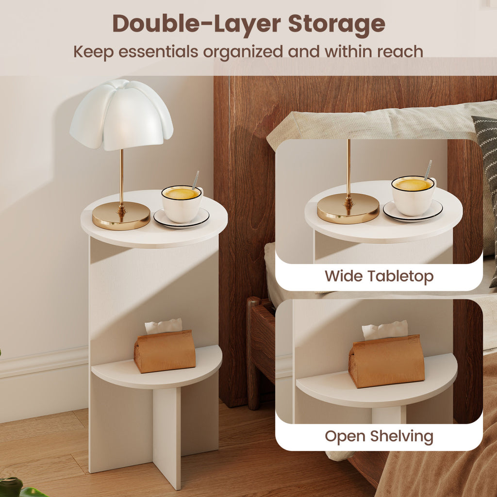 2-Tier Round Side Table with Storage Shelf - White