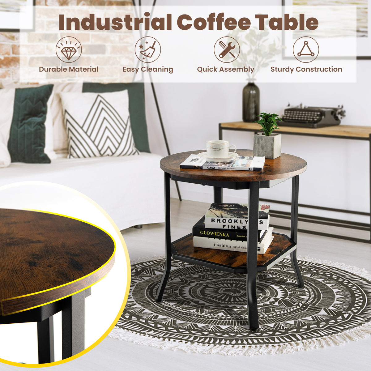 2-Tier Round End Table with Storage Shelf - Brown