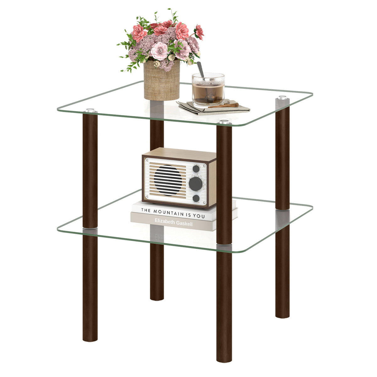 2-Tier End Table with Glass Top and Shelf - Brown, Square