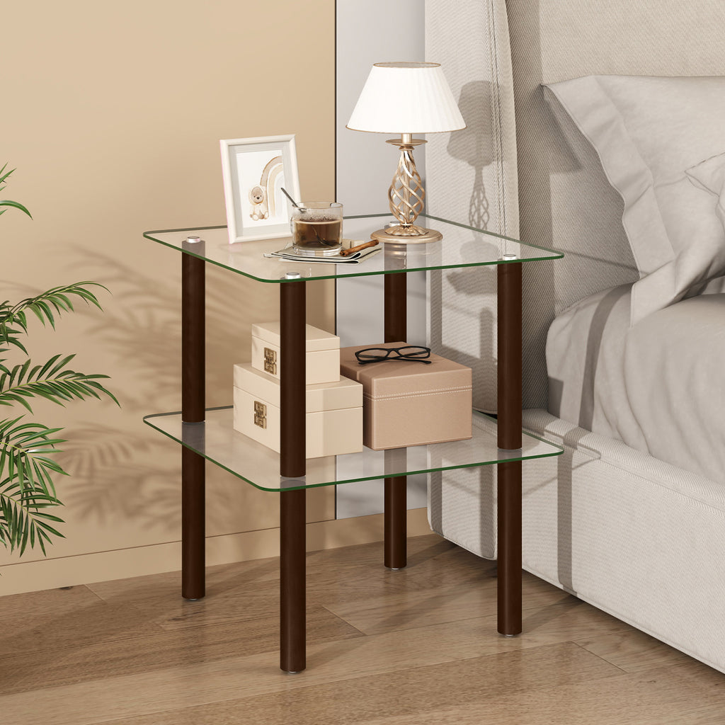 2-Tier End Table with Glass Top and Shelf - Brown, Square