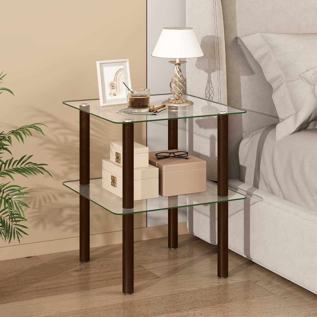 2-Tier End Table with Glass Top and Shelf - Brown, Square
