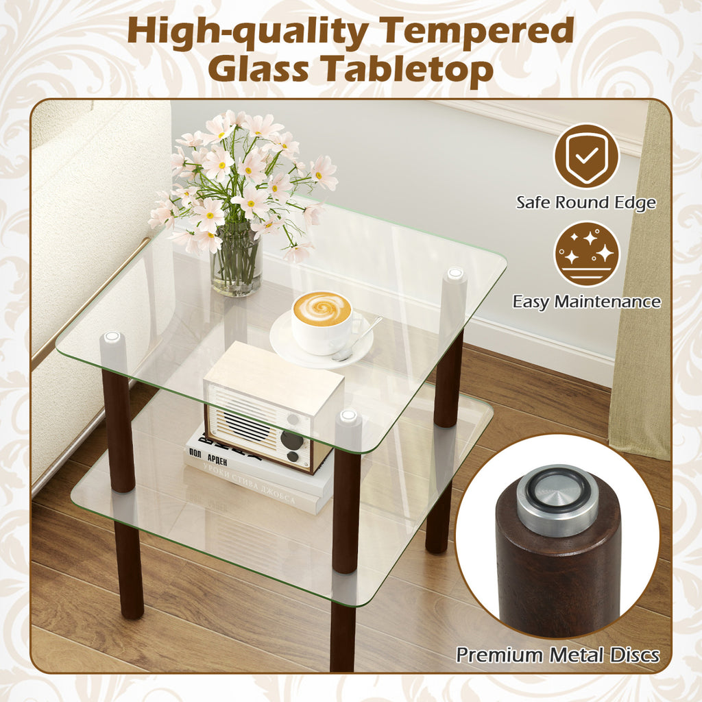2-Tier End Table with Glass Top and Shelf - Brown, Square