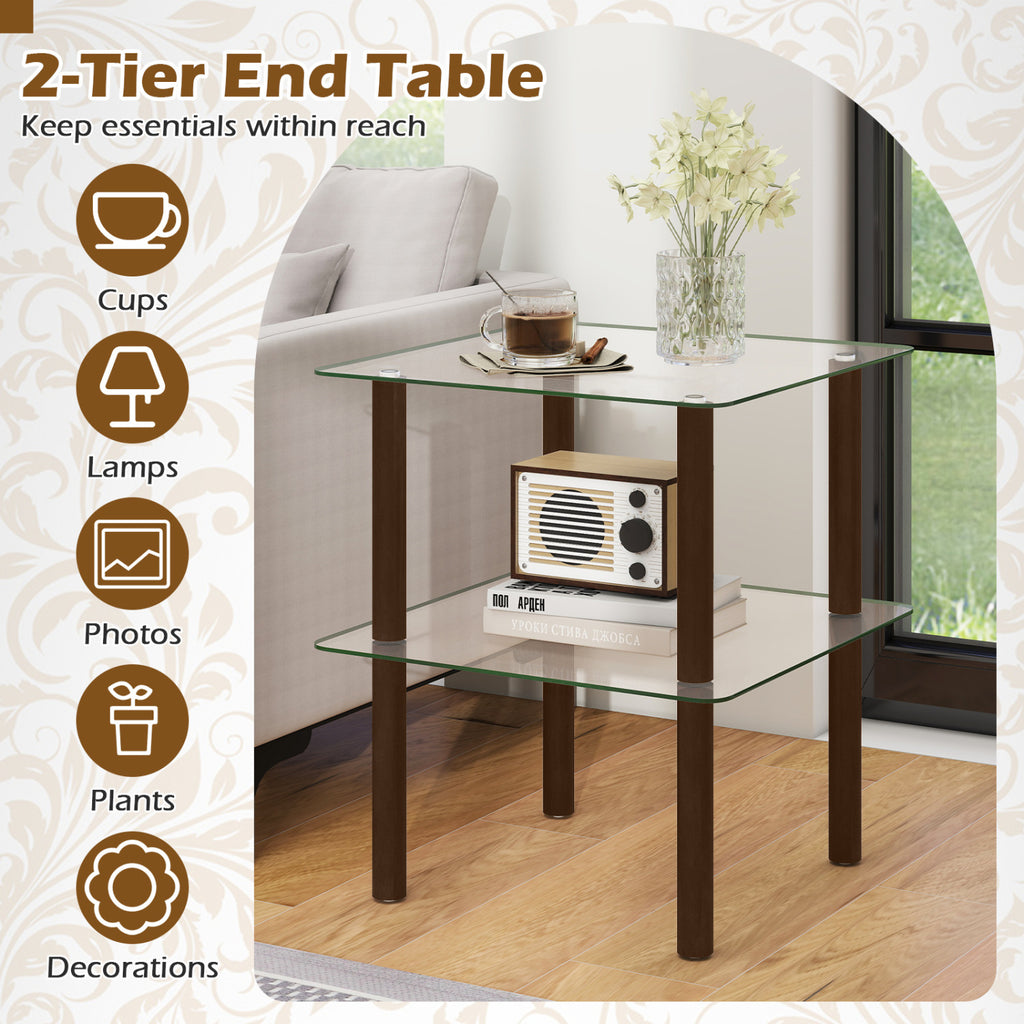 2-Tier End Table with Glass Top and Shelf - Brown, Square