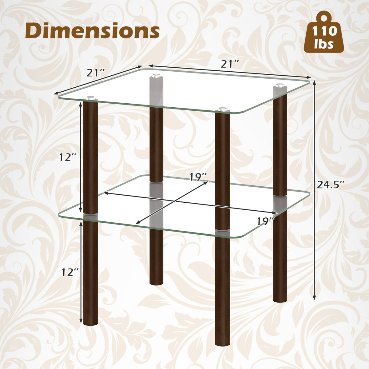 2-Tier End Table with Glass Top and Shelf - Brown, Square