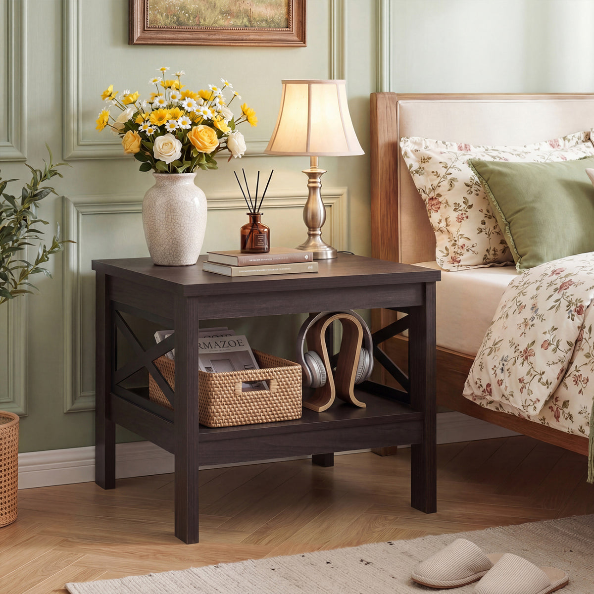 Square Side Table with Storage Shelf, Brown