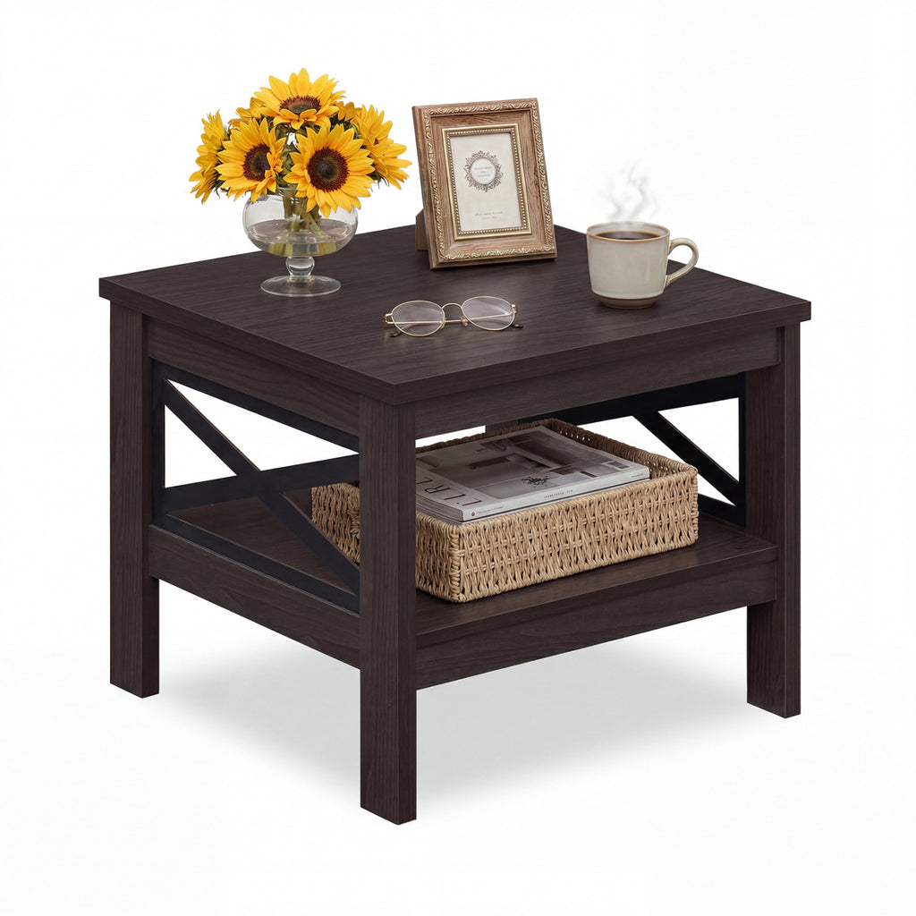 Square Side Table with Storage Shelf, Brown