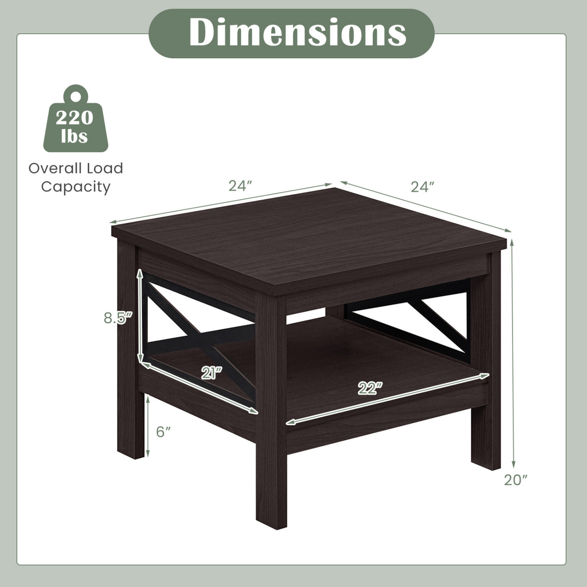 Square Side Table with Storage Shelf, Brown