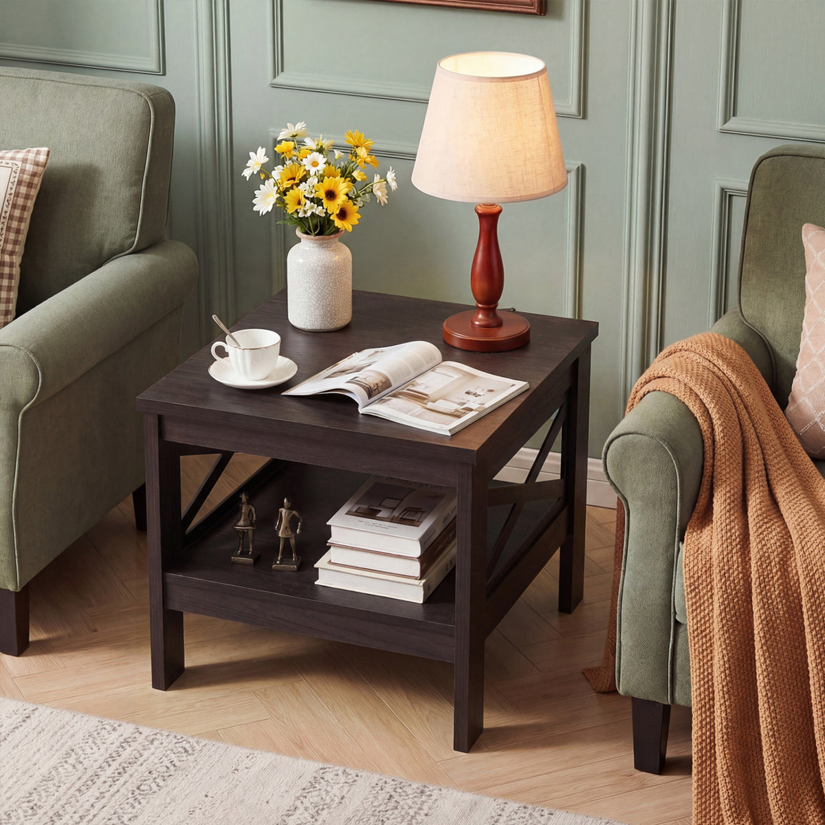 Square Side Table with Storage Shelf, Brown