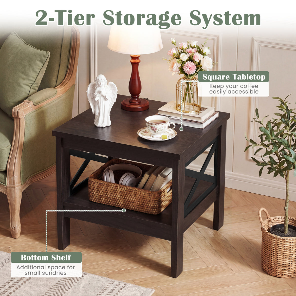 Square Side Table with Storage Shelf, Brown