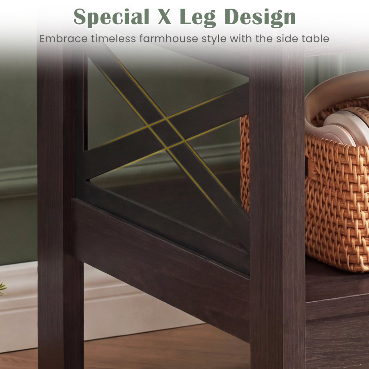 Square Side Table with Storage Shelf, Brown