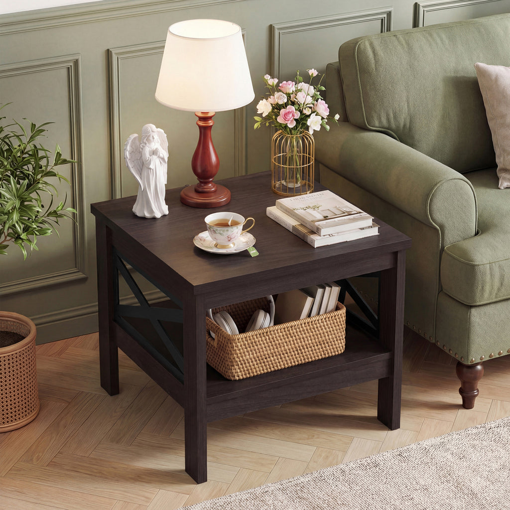 Square Side Table with Storage Shelf, Brown