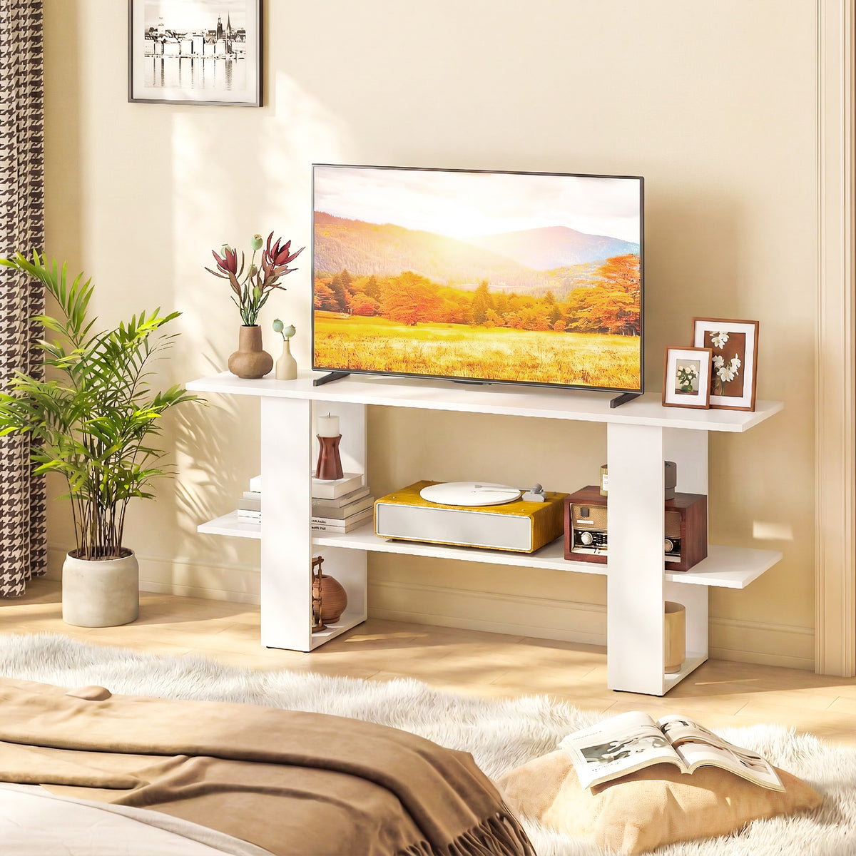 2-Tier TV Stand with Storage for TVs up to 55", White