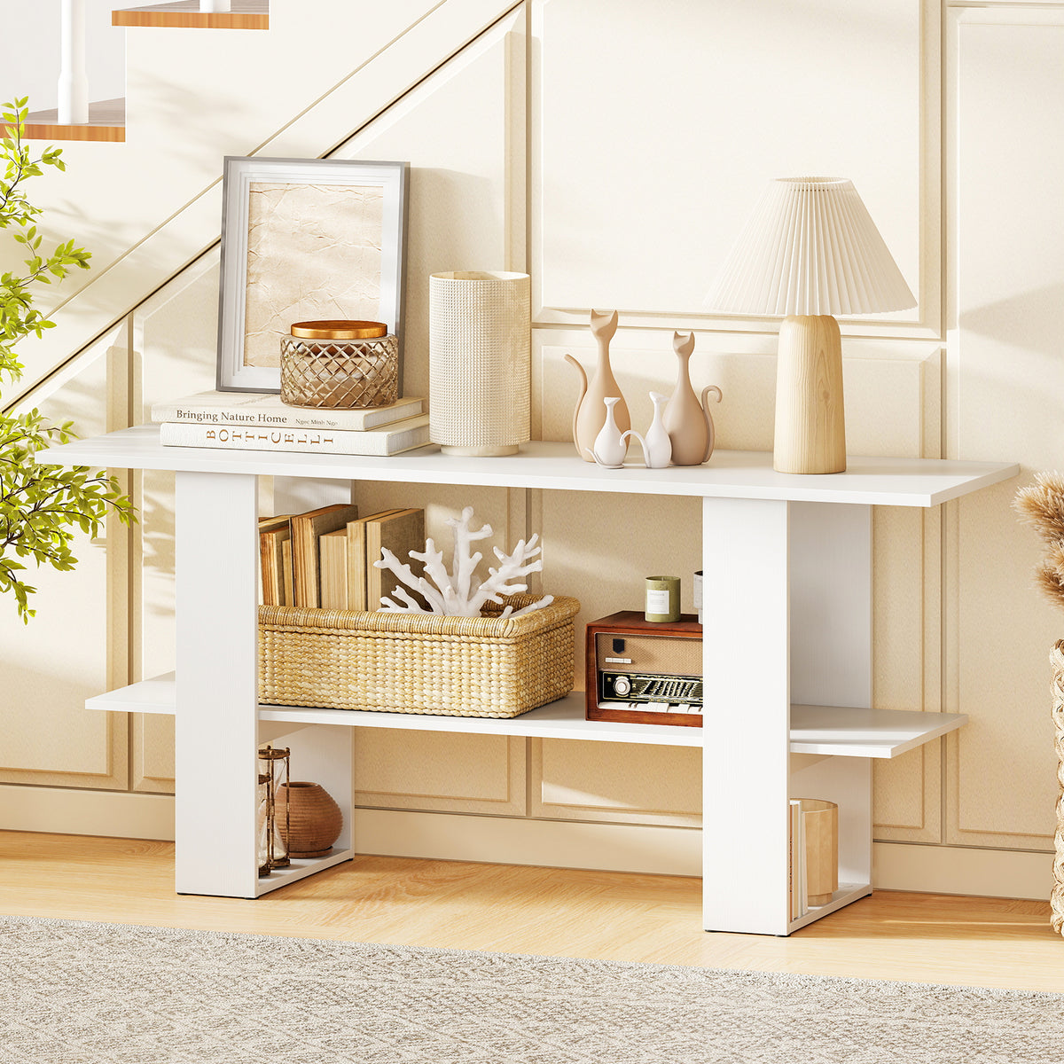 2-Tier TV Stand with Storage for TVs up to 55", White