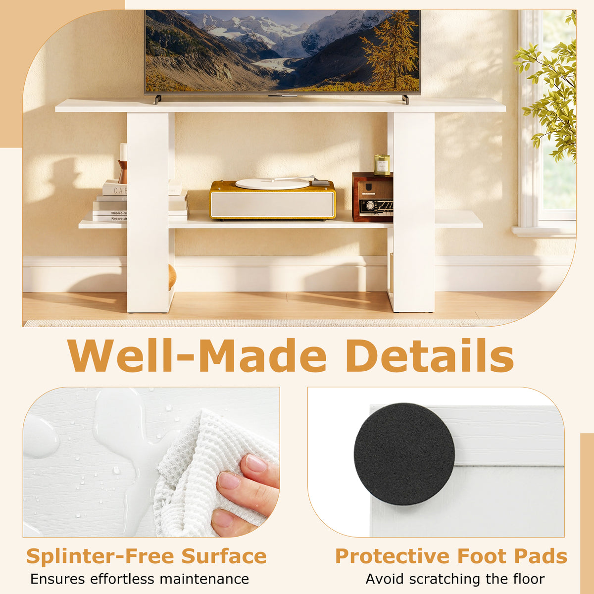 2-Tier TV Stand with Storage for TVs up to 55", White