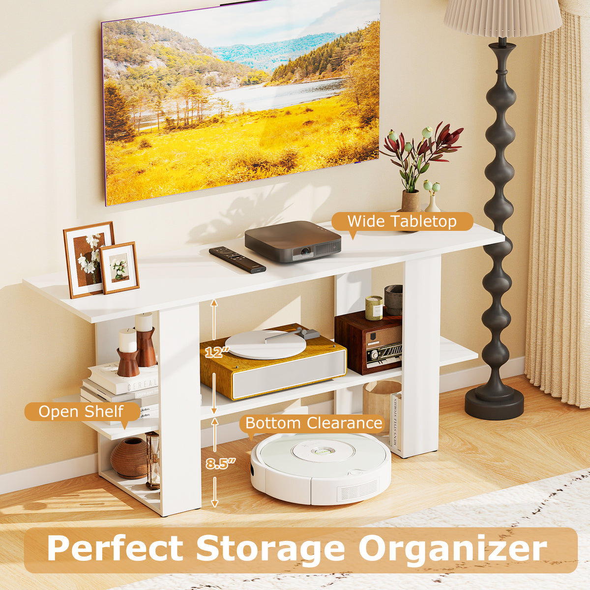 2-Tier TV Stand with Storage for TVs up to 55", White
