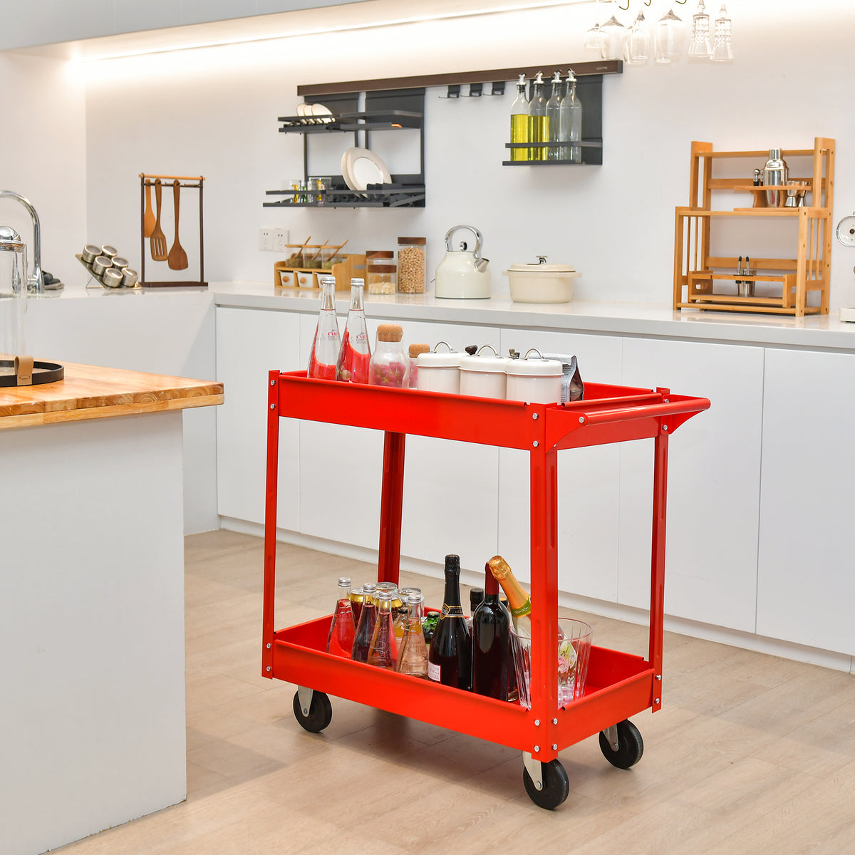 2-Tier Utility Cart with Handle and Heavy-Duty Metal Frame