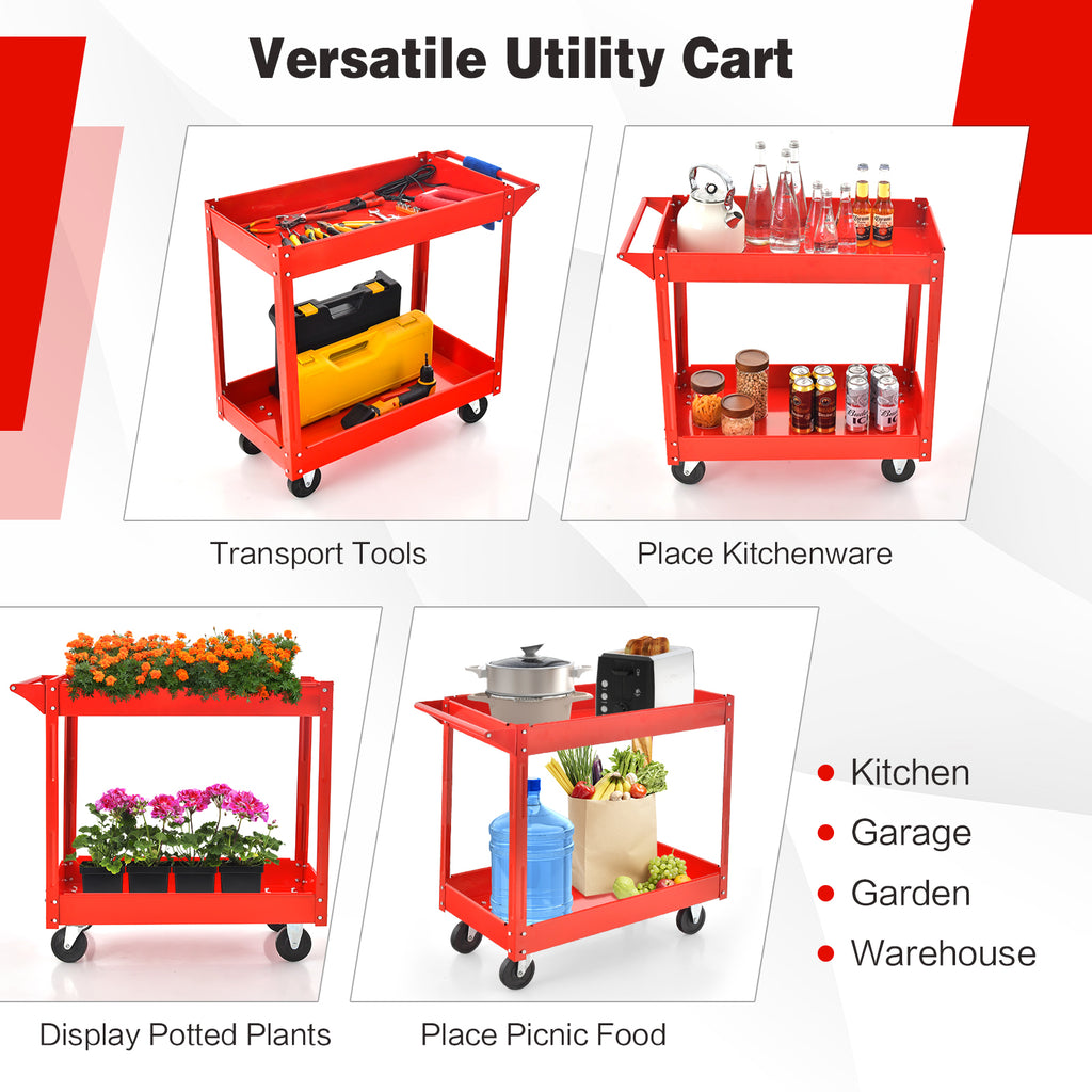 2-Tier Utility Cart with Handle and Heavy-Duty Metal Frame