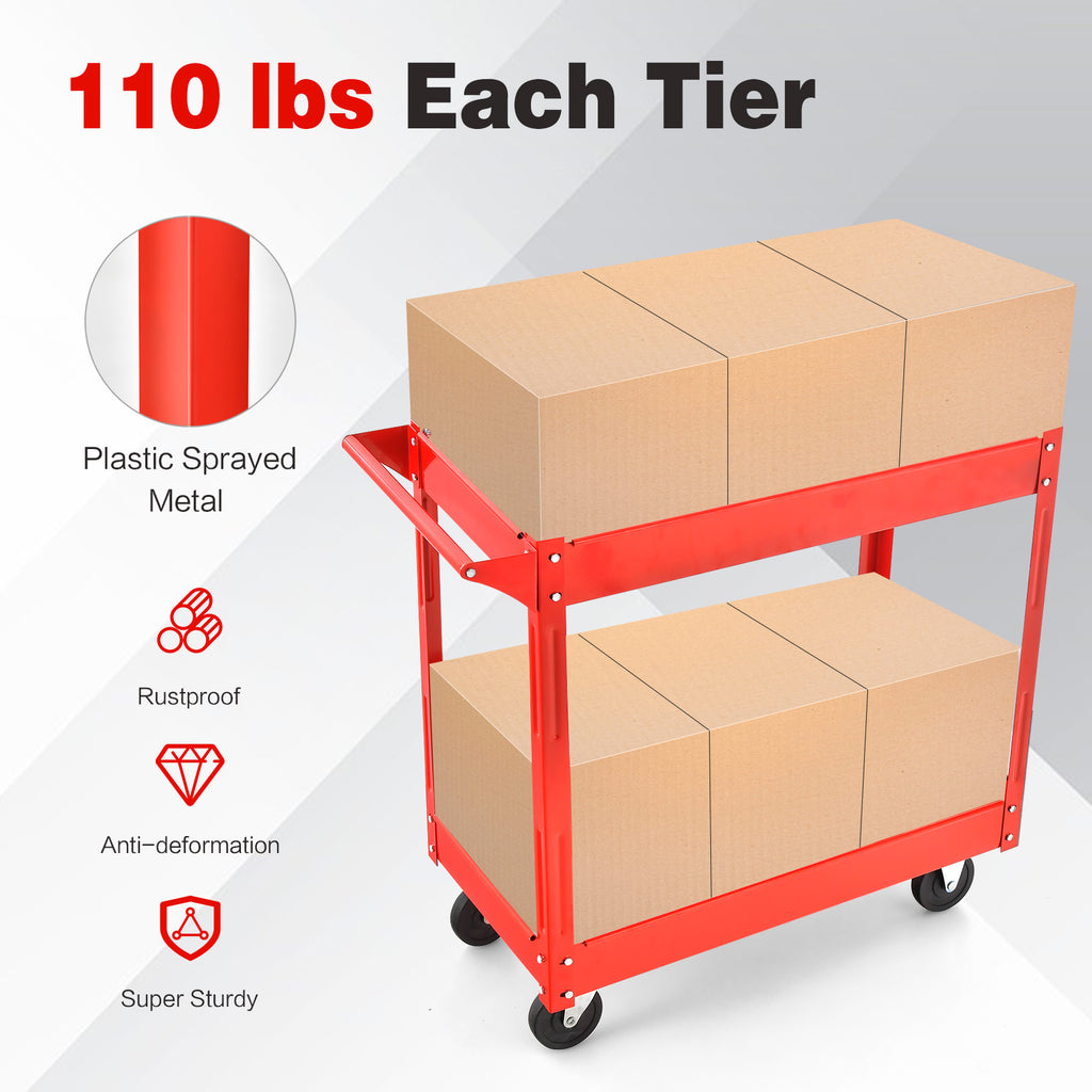 2-Tier Utility Cart with Handle and Heavy-Duty Metal Frame