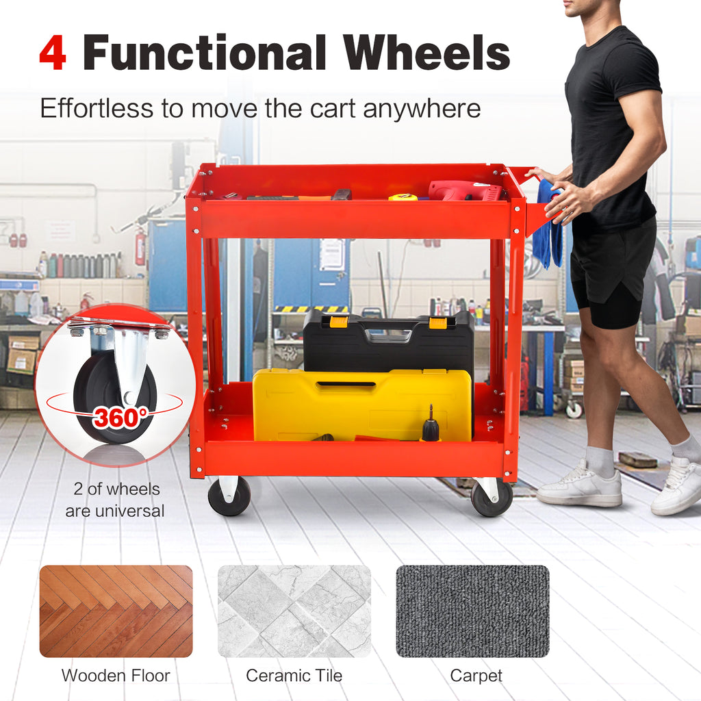2-Tier Utility Cart with Handle and Heavy-Duty Metal Frame