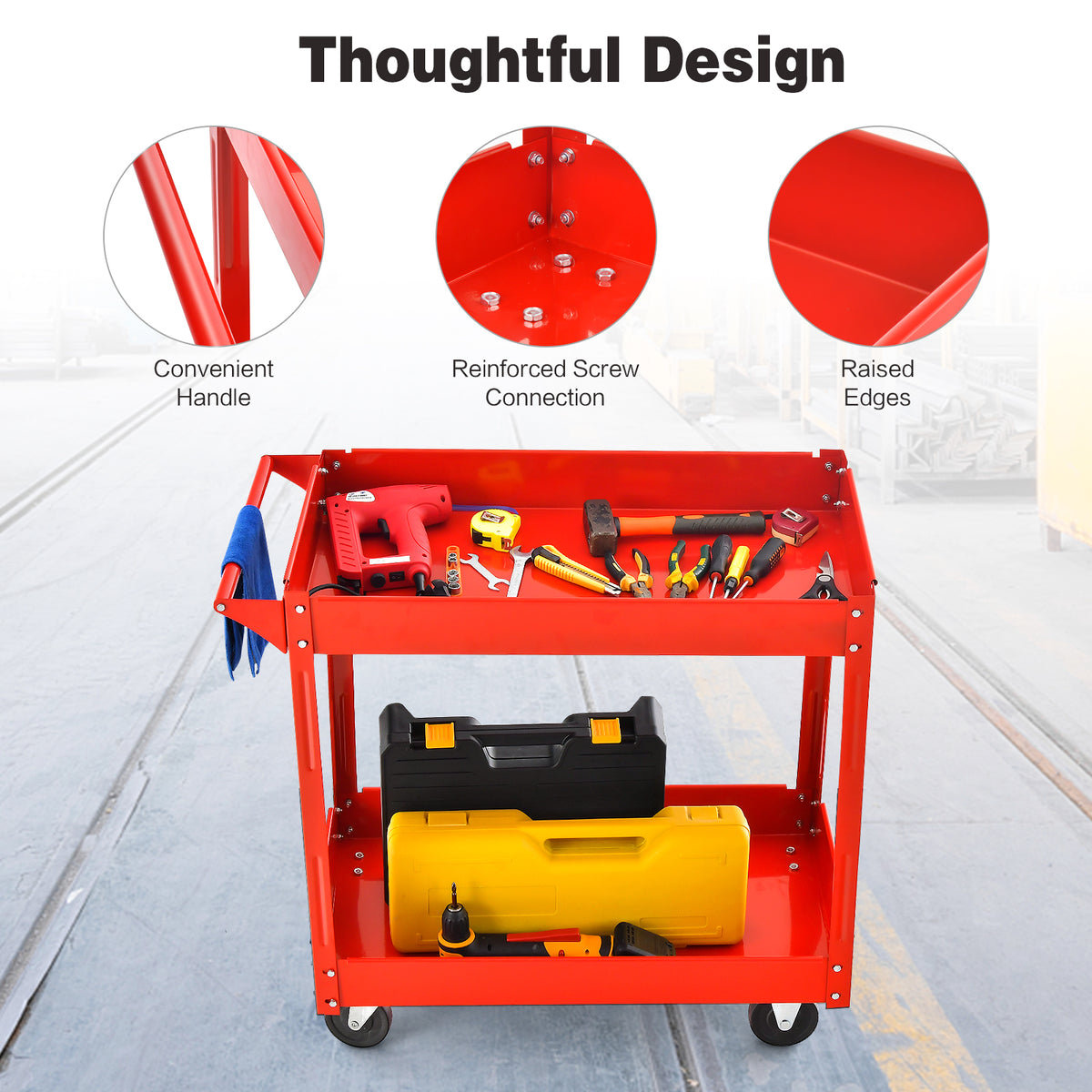 2-Tier Utility Cart with Handle and Heavy-Duty Metal Frame