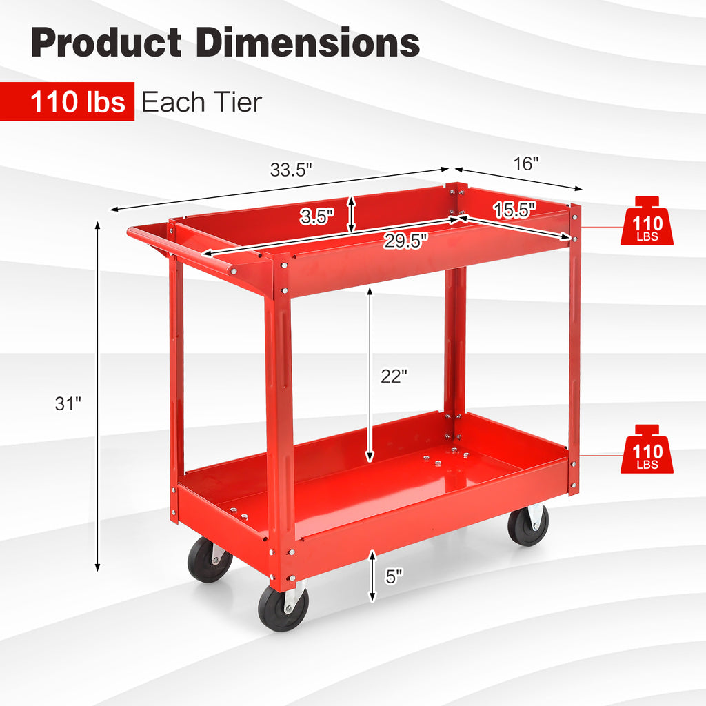 2-Tier Utility Cart with Handle and Heavy-Duty Metal Frame
