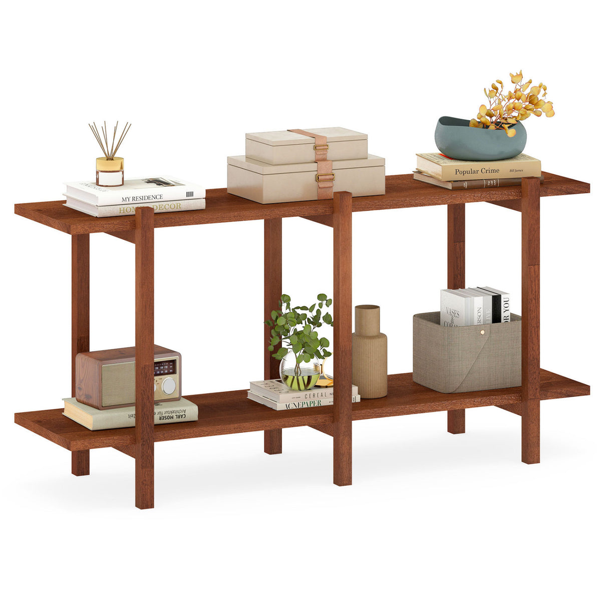 2-Tier Wood Bookshelf Low Horizontal Rubberwood Bookcase for Display