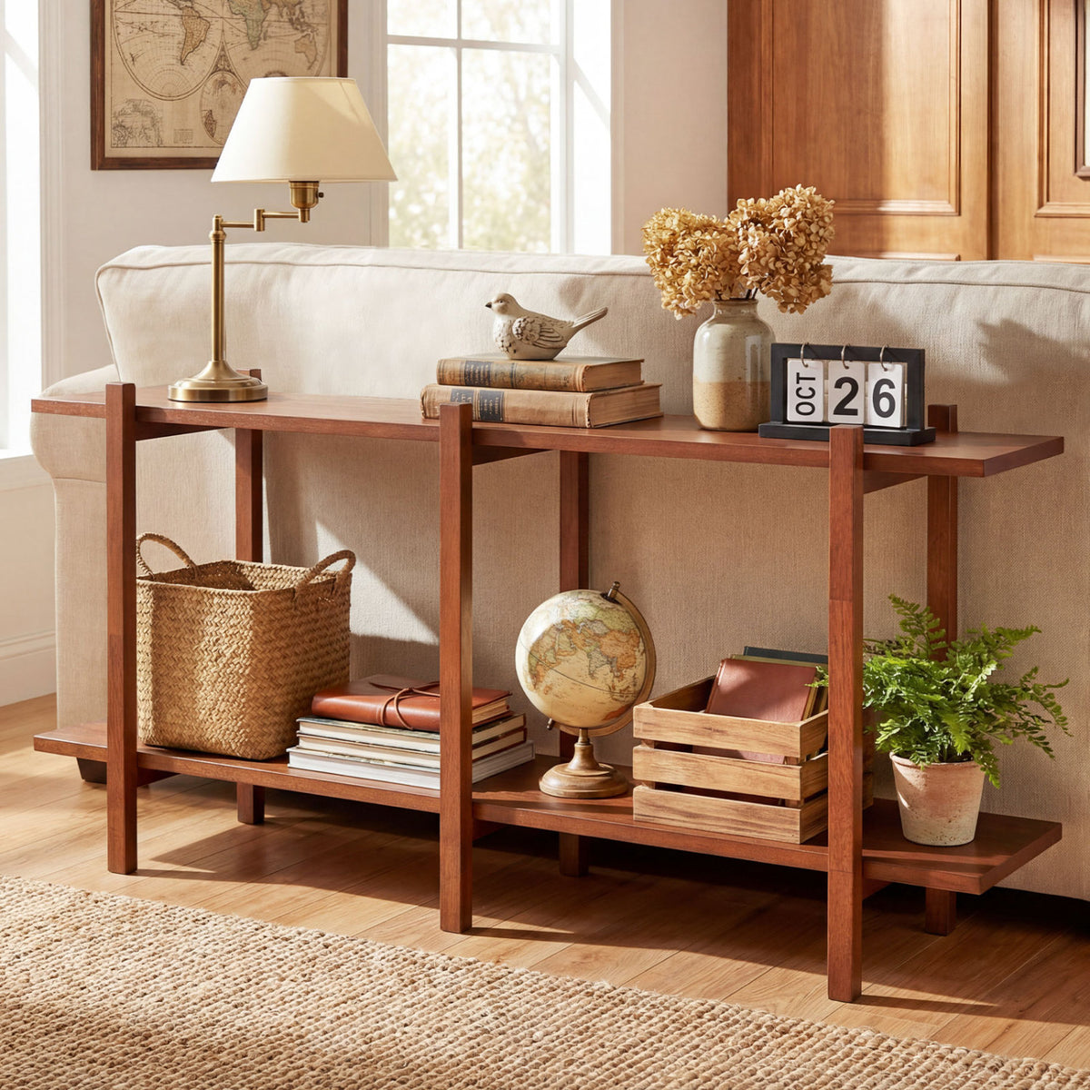 2-Tier Wood Bookshelf Low Horizontal Rubberwood Bookcase for Display