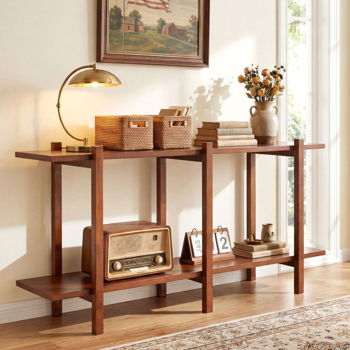 2-Tier Wood Bookshelf Low Horizontal Rubberwood Bookcase for Display