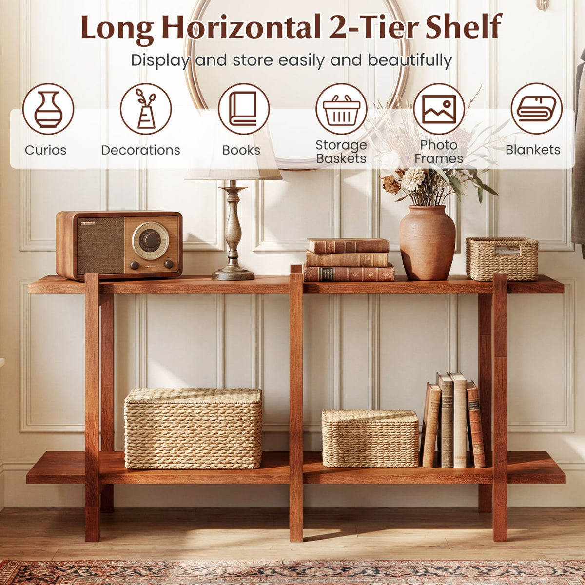 2-Tier Wood Bookshelf Low Horizontal Rubberwood Bookcase for Display