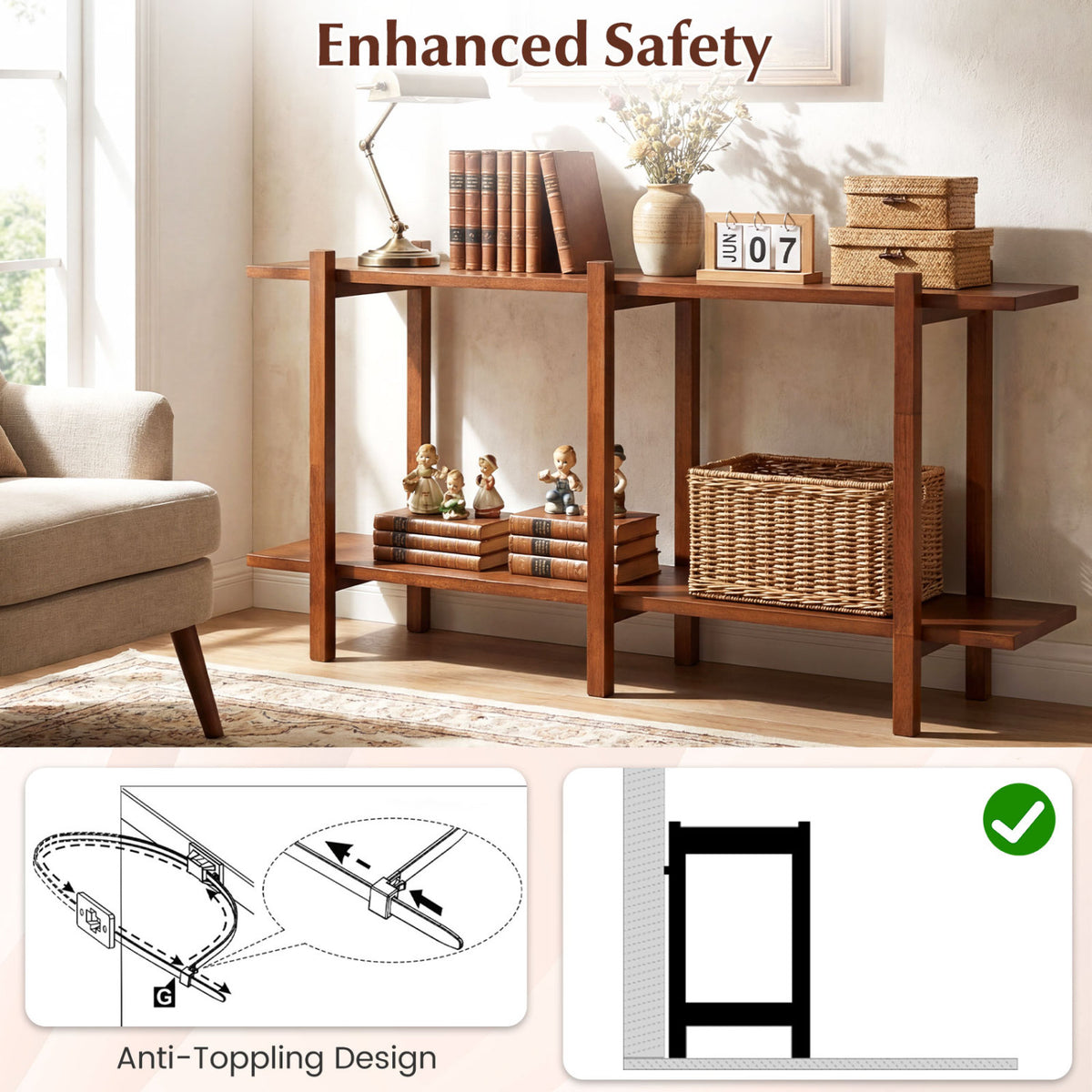 2-Tier Wood Bookshelf Low Horizontal Rubberwood Bookcase for Display