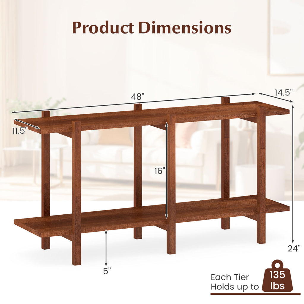 2-Tier Wood Bookshelf Low Horizontal Rubberwood Bookcase for Display
