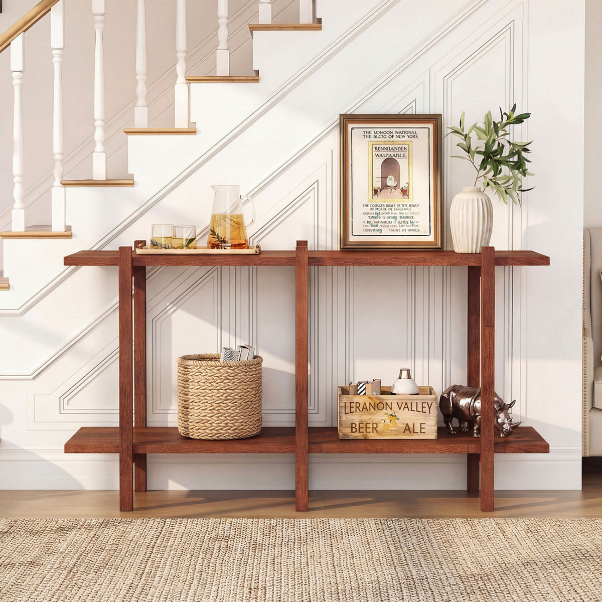 2-Tier Wood Bookshelf Low Horizontal Rubberwood Bookcase for Display