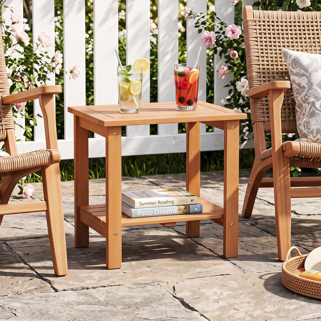 Natural Wood Patio End Table with Storage Shelf