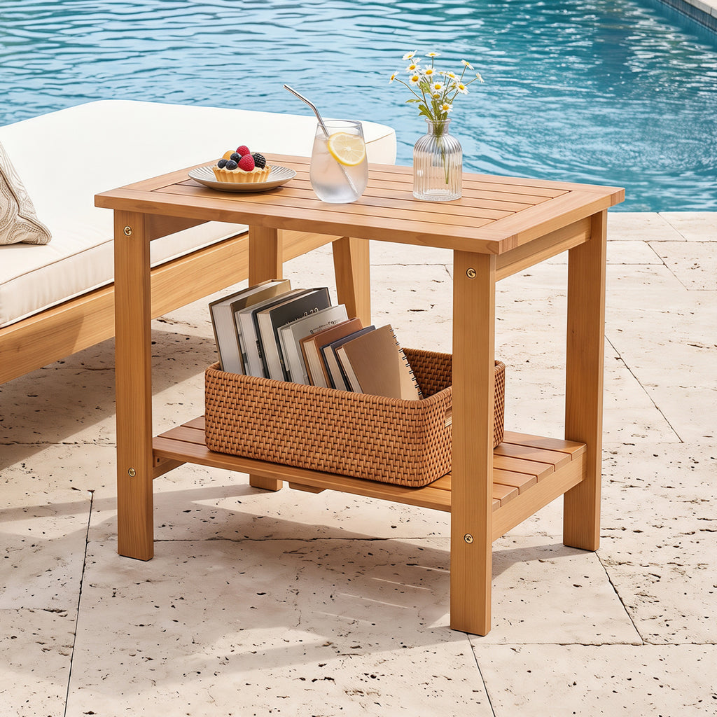 Natural Wood Patio End Table with Storage Shelf