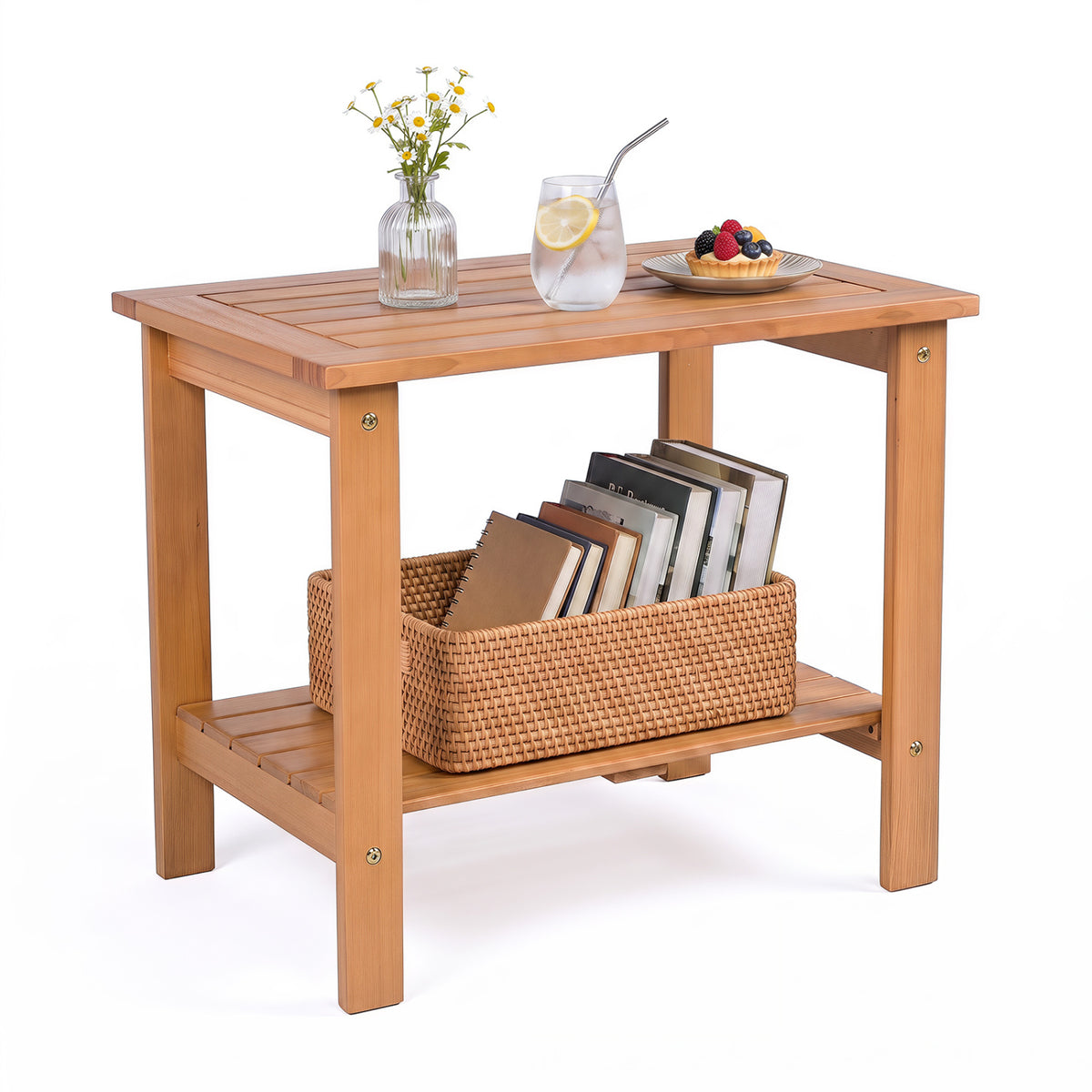 Natural Wood Patio End Table with Storage Shelf