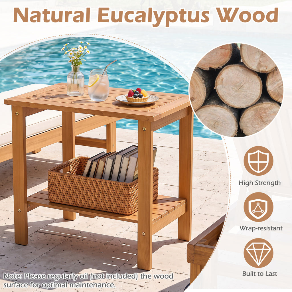 Natural Wood Patio End Table with Storage Shelf