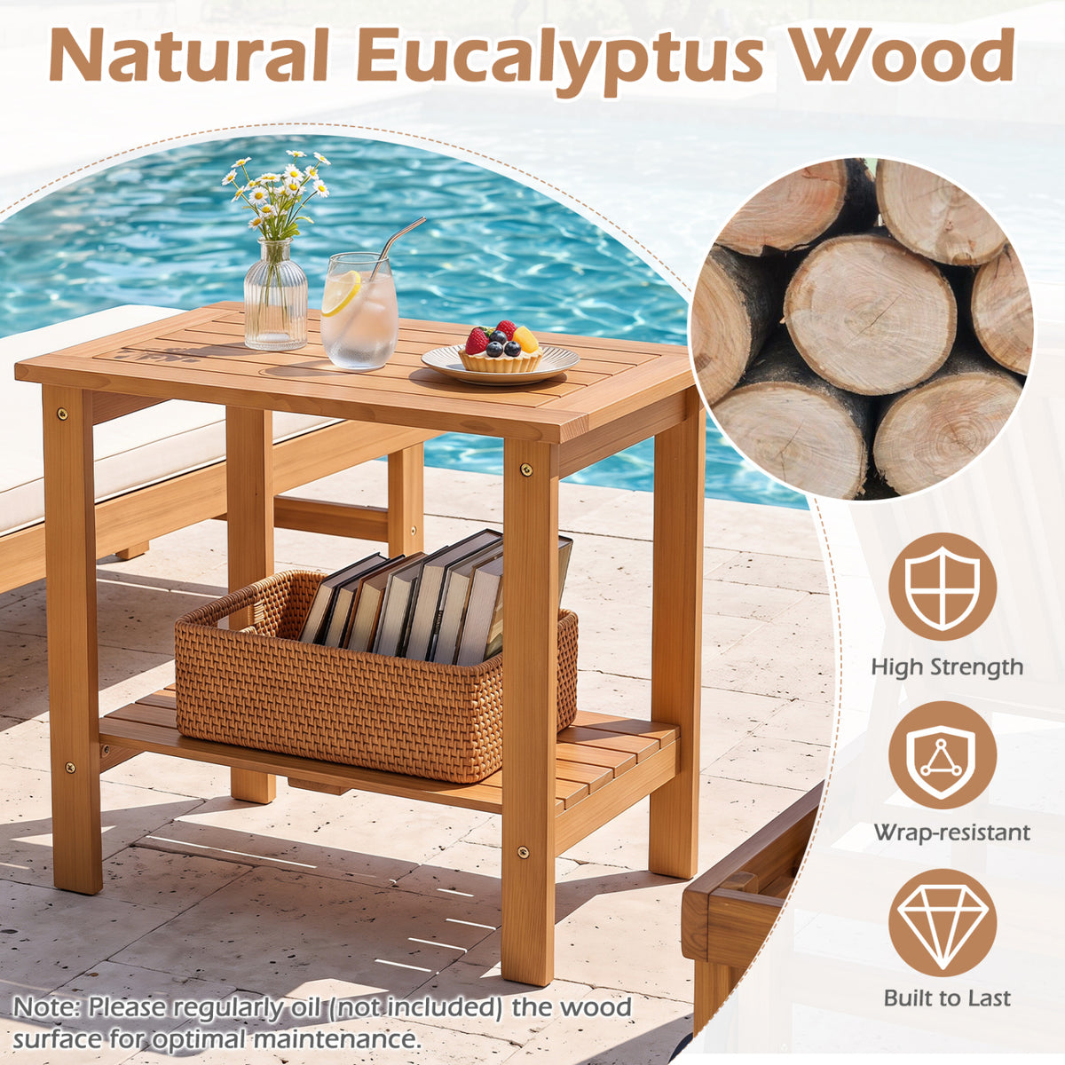 Natural Wood Patio End Table with Storage Shelf