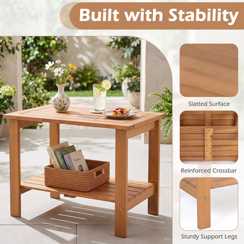 Natural Wood Patio End Table with Storage Shelf