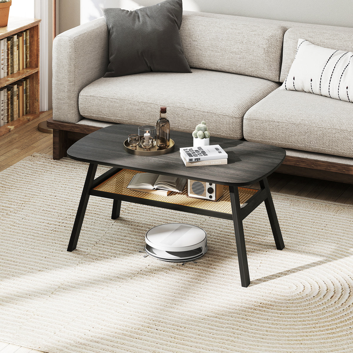 2-Tier Coffee Table with Rattan Storage Shelf - Dark Gray